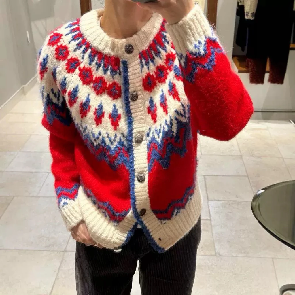 Dannielmade 圣诞费尔岛红色针织开衫 韩代gb同款 北欧风