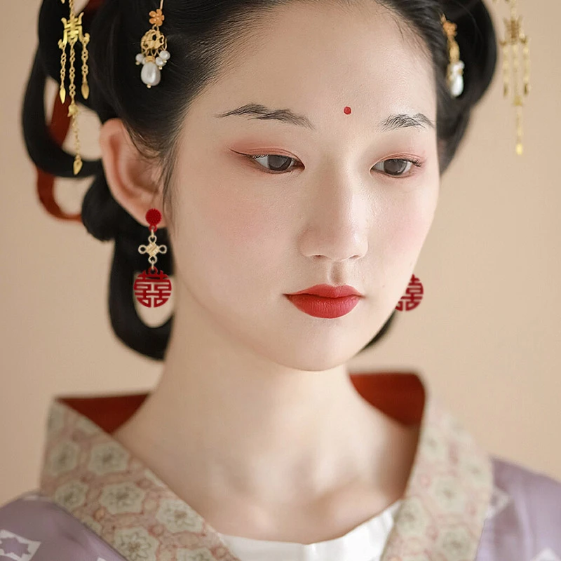 合金耳饰 中国风双喜耳环中式结婚耳夹无耳洞女汉服耳饰新娘耳坠