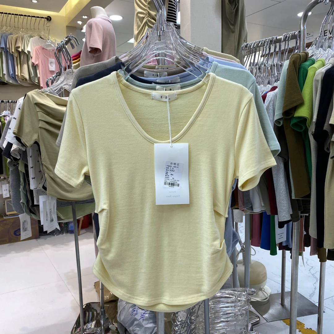 E念9082夏短款V领T恤衫女两侧褶皱设计感韩版修身显瘦短袖上衣