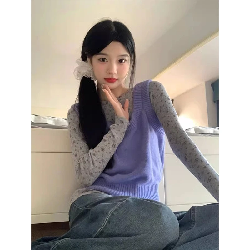 韩系复古碎花灰色打底衫女秋冬2024新款内搭修身正肩长袖t恤上衣