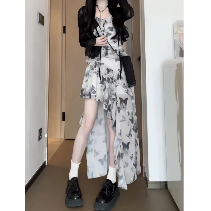 水墨蝴蝶碎花吊带长裙女春夏季不规则设计感国风收腰荷叶边连衣裙