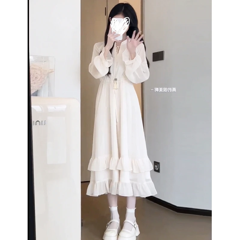 白月光连衣裙女夏季温柔风甜美法式长裙收腰长袖海边度假仙女短裙