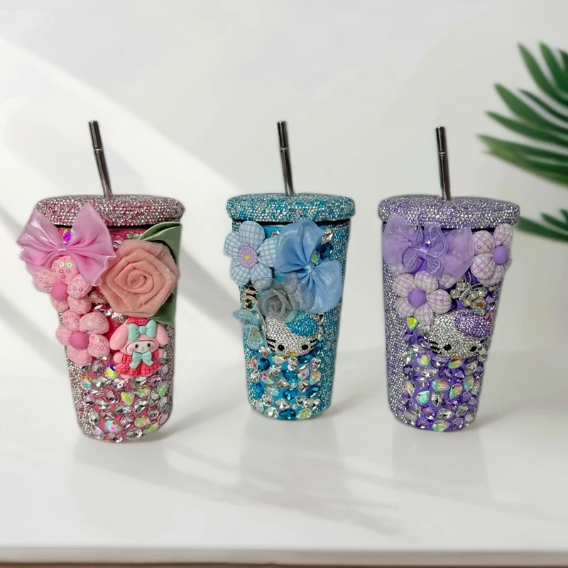 大钻带花KT猫304双层不锈钢吸管杯双层奶茶保温杯便携杯水杯简约