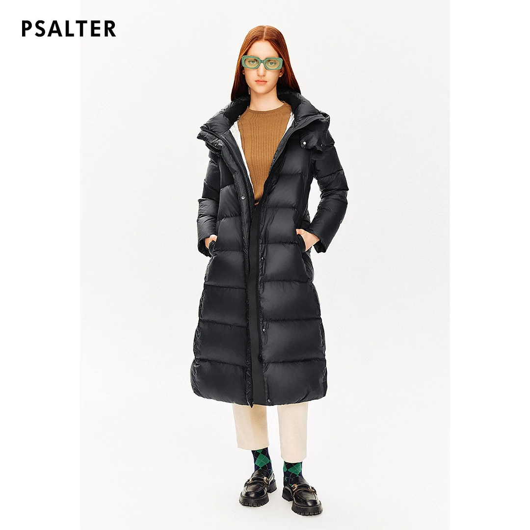 PSALTER诗篇鹅绒服细格纹超高立领连帽系带长款羽绒服冬款