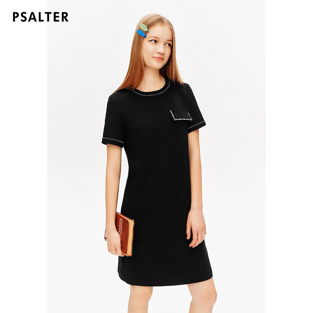 PSALTER诗篇专选宽松圆领钉珠复古赫本风小黑裙连衣裙夏款