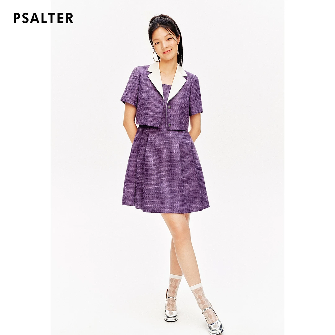 PSALTER诗篇撞色翻领学院风假两件粗花呢压褶连衣裙夏
