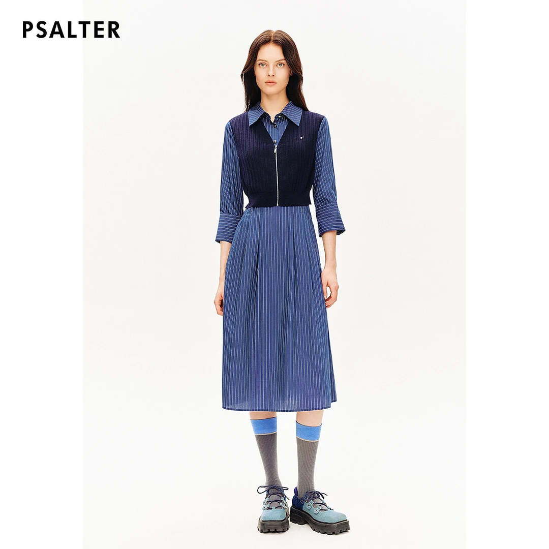 [高智条纹]PSALTER诗篇针织背心拼接假两件衬衫裙连衣裙秋