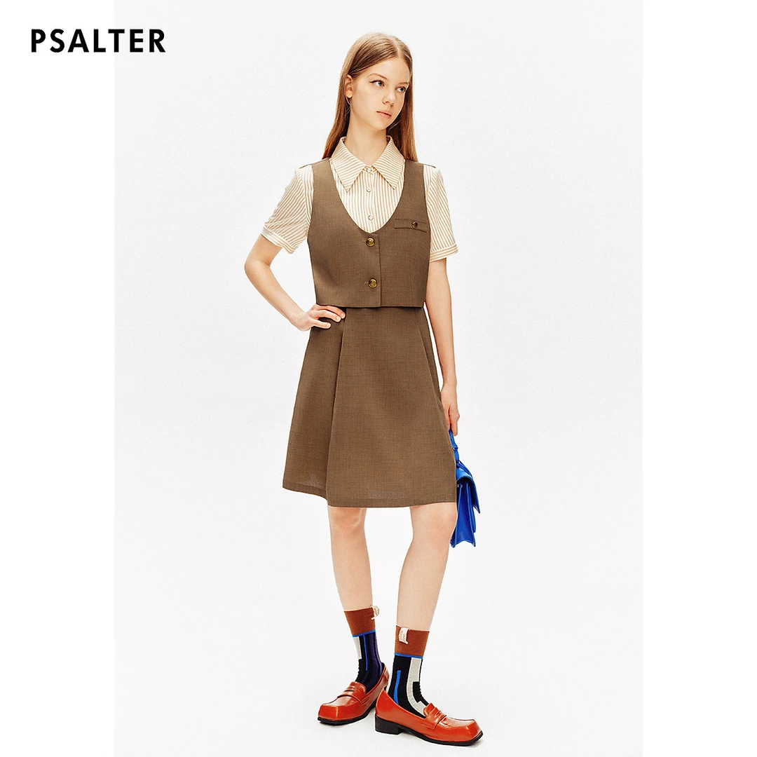 [智性学院风]PSALTER诗篇专选复古翻领条纹拼接假两件连衣裙夏款