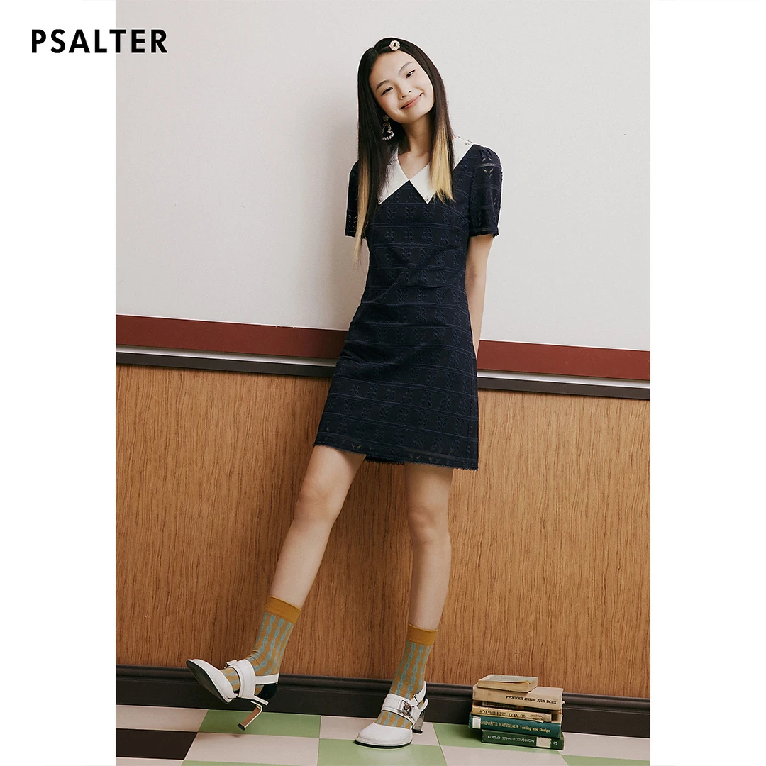 【100%纯棉】PSALTER诗篇钉珠撞色翻领蕾丝镂空提花连衣裙夏