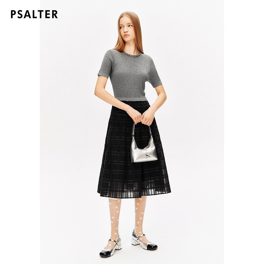 PSALTER诗篇圆领钉珠针织拼接假两件肌理条纹连衣裙夏修身气质