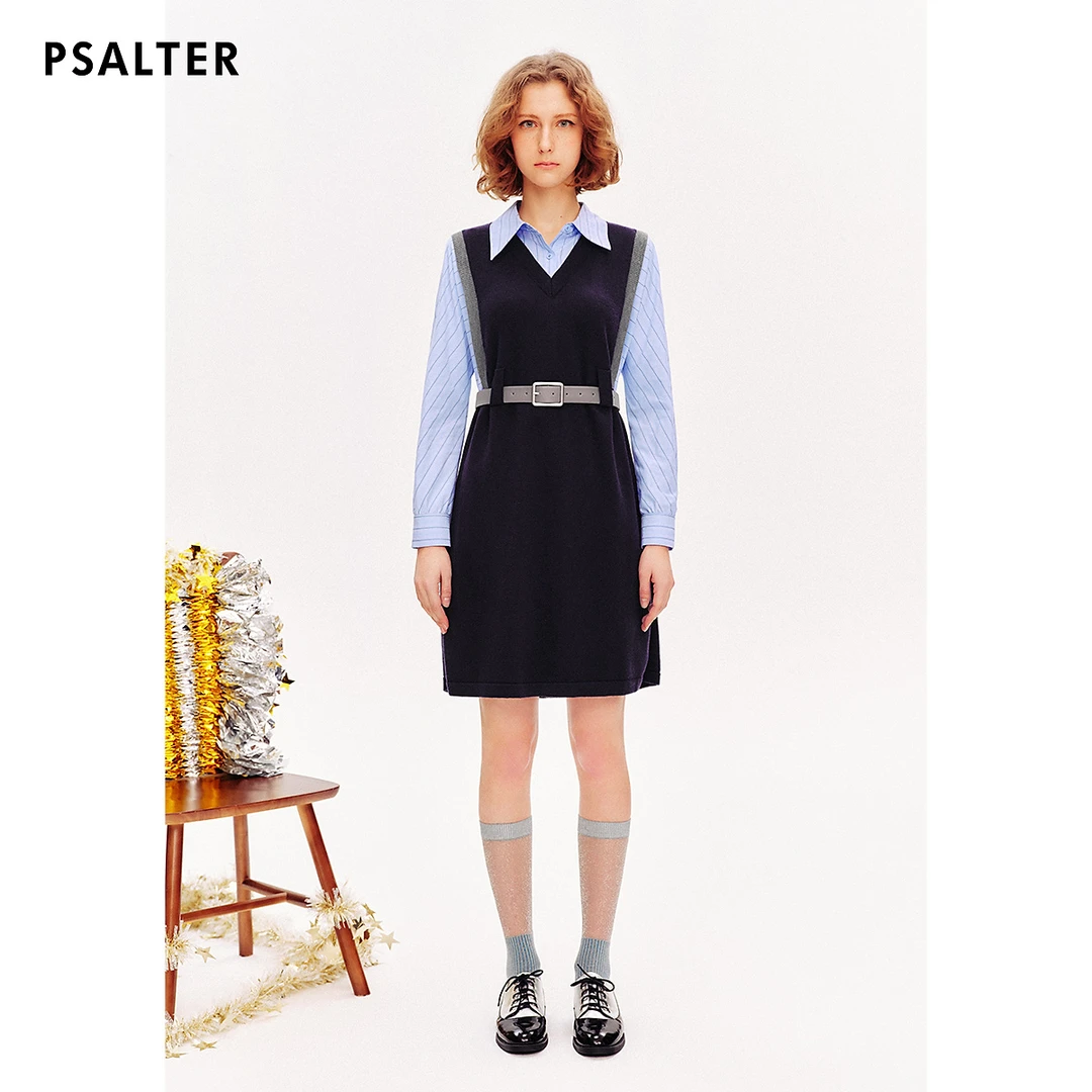 PSALTER诗篇专选学院风条纹衬衫假两件针织裙连衣裙春