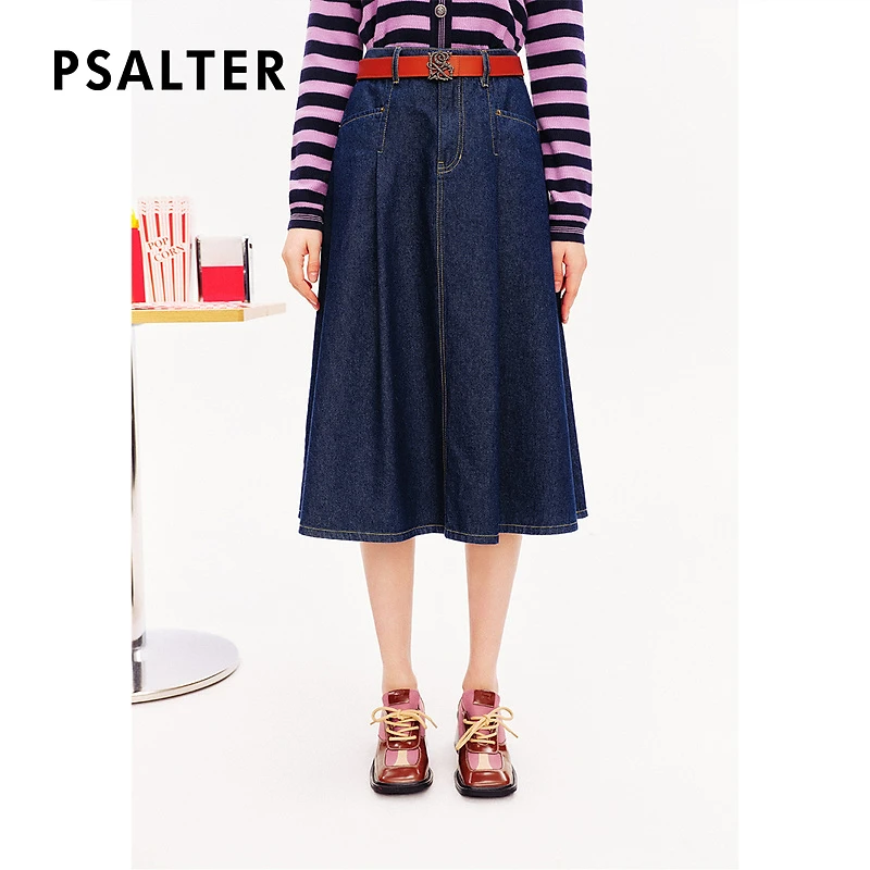 PSALTER诗篇专选简约学院风松紧腰A字大摆牛仔裙半身裙