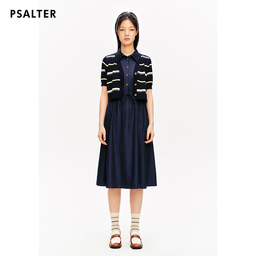 【天丝】诗篇专选环保莱赛尔牛仔学院条纹针织假两件连衣裙夏