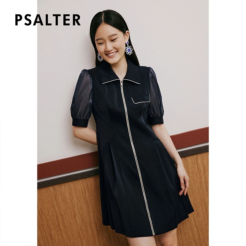 PSALTER诗篇专选翻领拉链修身收腰显瘦柯根纱泡泡袖连衣裙夏