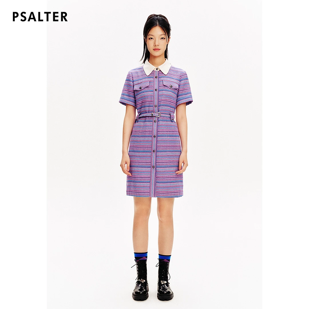 PSALTER诗篇撞色翻领花纱小香风条纹衬衫裙连衣裙夏款