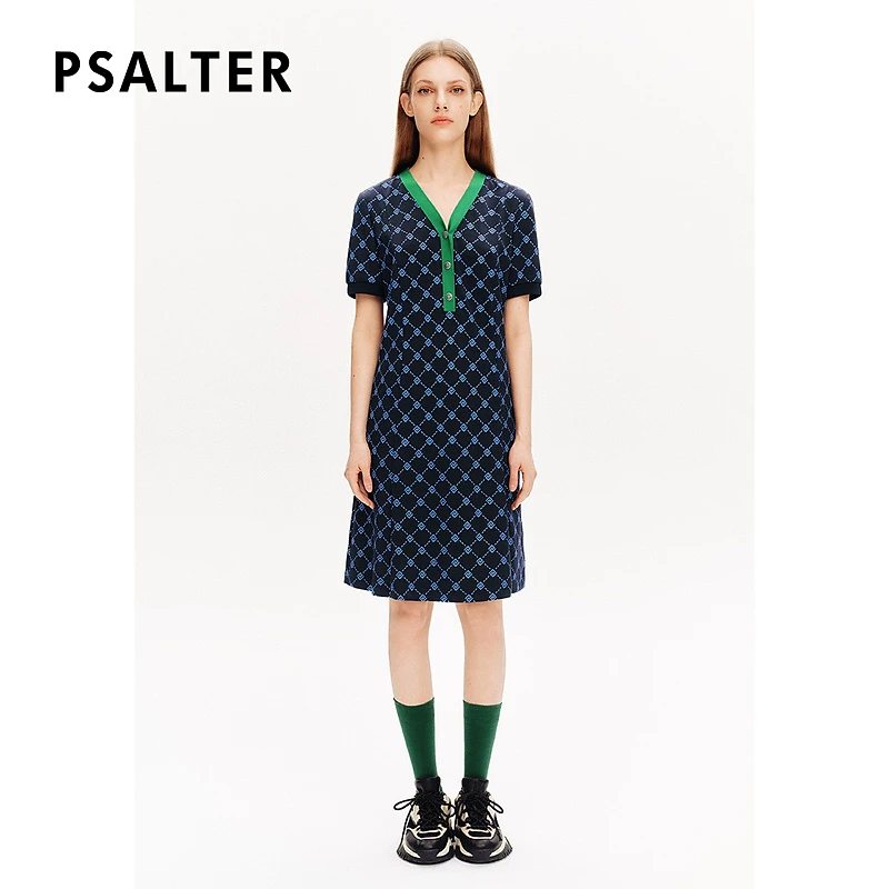 唯独PSALTER诗篇专选撞色v领针织印花格纹学院风连衣裙夏