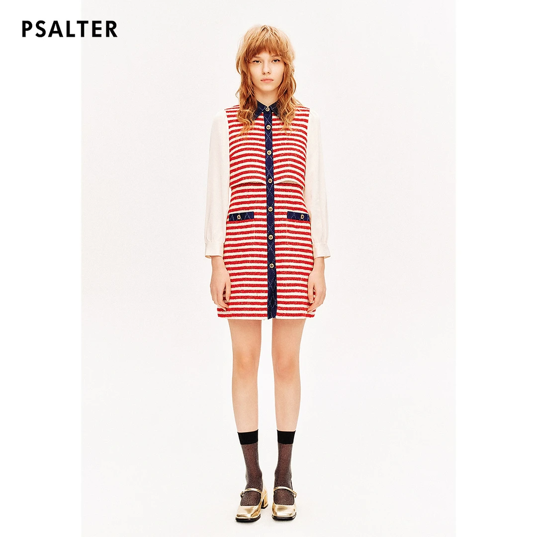 [高智条纹]PSALTER诗篇学院假两件条纹粗花呢小香风连衣裙款
