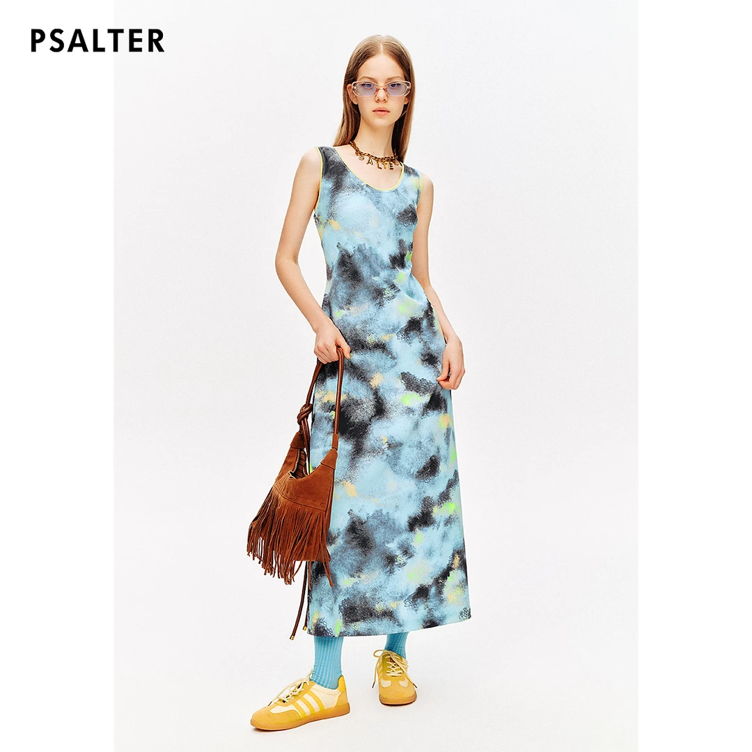 【博主同款】诗篇水墨气质晕染扎染印花圆领无袖休闲针织裙连衣裙夏