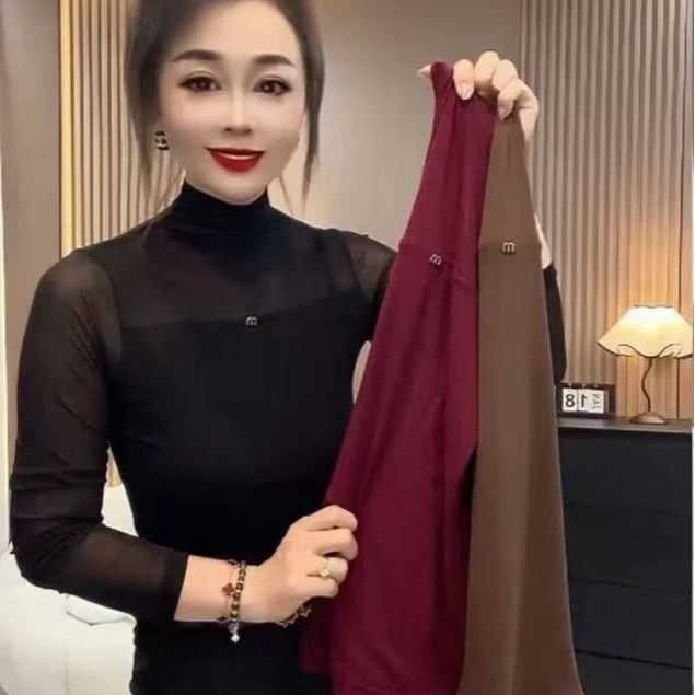 半高领打底衫女内搭可外穿网纱上衣镂空长袖上衣显瘦时尚气质春游