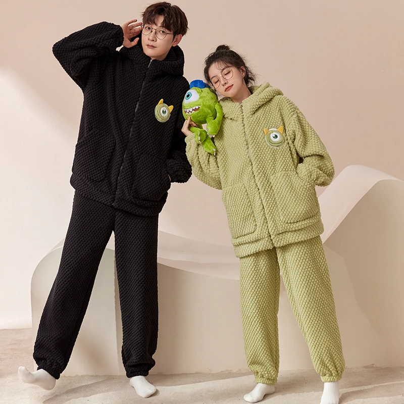 情侣睡衣秋冬季加厚珊瑚绒女连帽拉链男士可外穿法兰绒保暖家居服