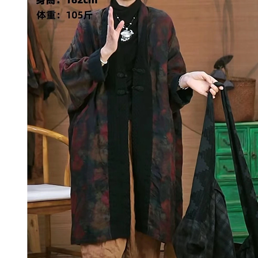 古蘭木-亚麻晕染花宽松中长款中国风外套6080