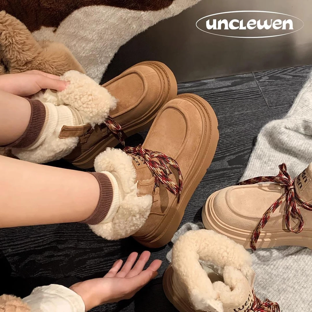 牛皮~芙卡拉～圆头小众雪地靴女2025冬季款厚底加绒保暖休闲短靴