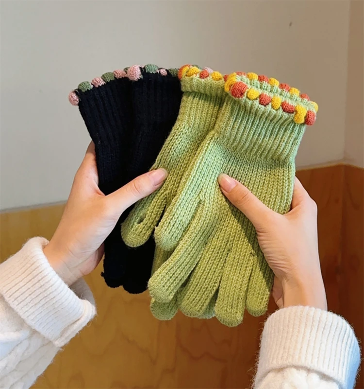 ins-小糖豆漏指毛线针织手套女冬季纯色触屏保暖防寒骑车分指韩版
