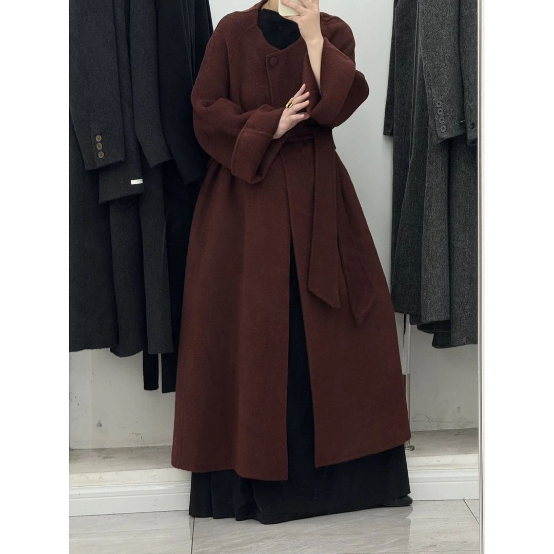 高级气质系带羊毛双面羊绒大衣2024长款秋冬新款宽松毛呢外套