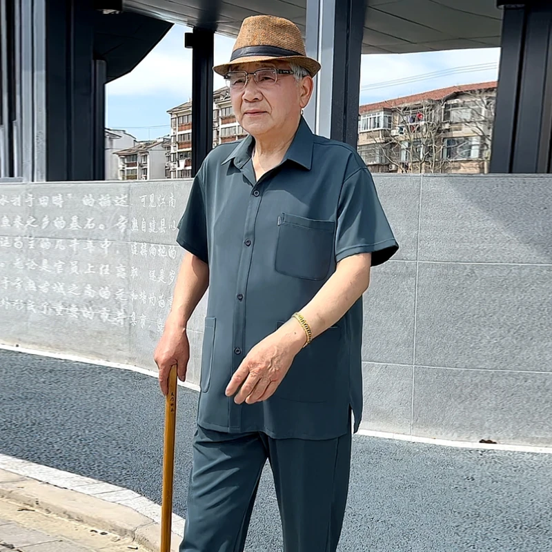 薄款透气弹力冰丝两件套夏季休闲中老年套装翻领宽松多口袋爸爸装