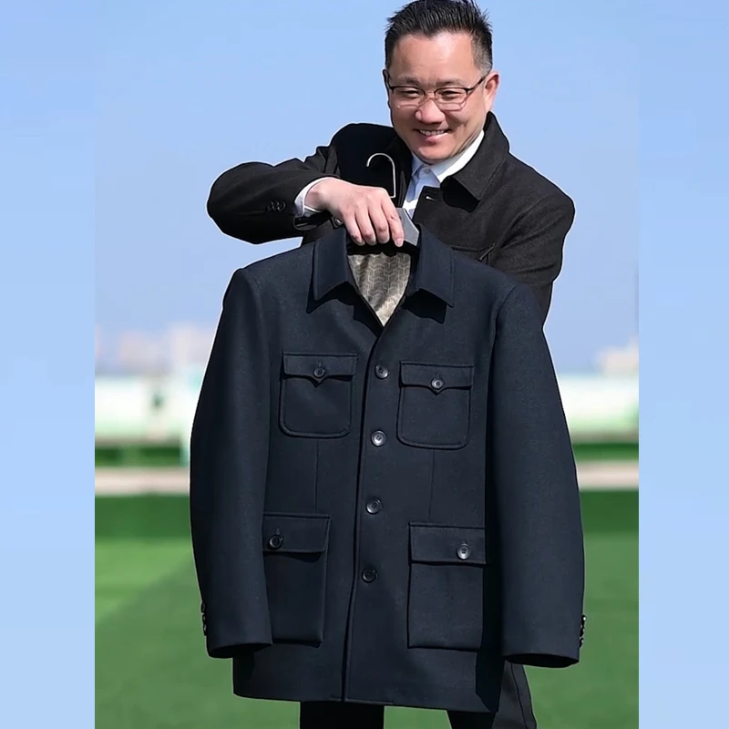 多口袋春秋呢料中山装秋款爷爷装中山服中老年老人翻领外套爸爸装