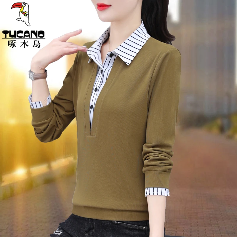 【官方】啄木鸟春秋假两件卫衣女2025年新款中老年妈妈POLO领上衣