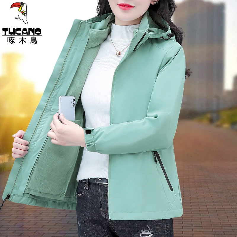 【官方】啄木鸟冲锋衣休闲外套女秋冬2025新款可脱卸连帽户外夹克