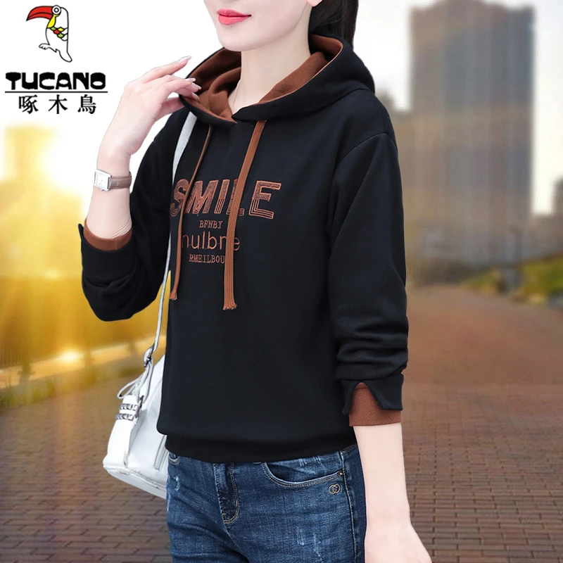 【官方】啄木鸟时尚连帽卫衣女2025新款春秋季休闲百搭女士刺绣上衣