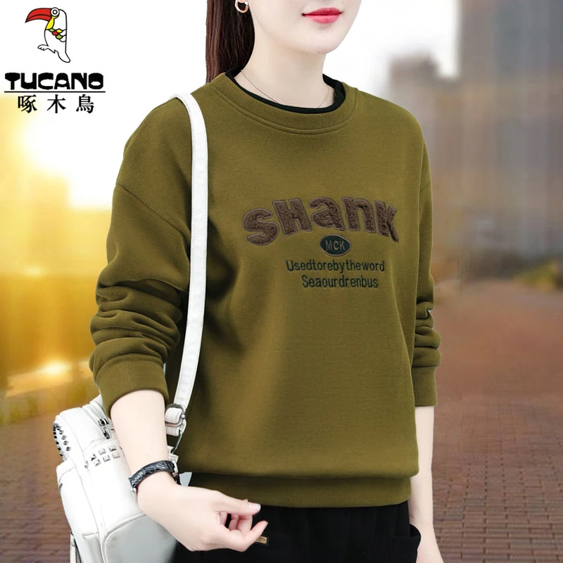 【官方】啄木鸟秋冬圆领卫衣女春秋装新款时尚中年妈妈宽松长袖上衣