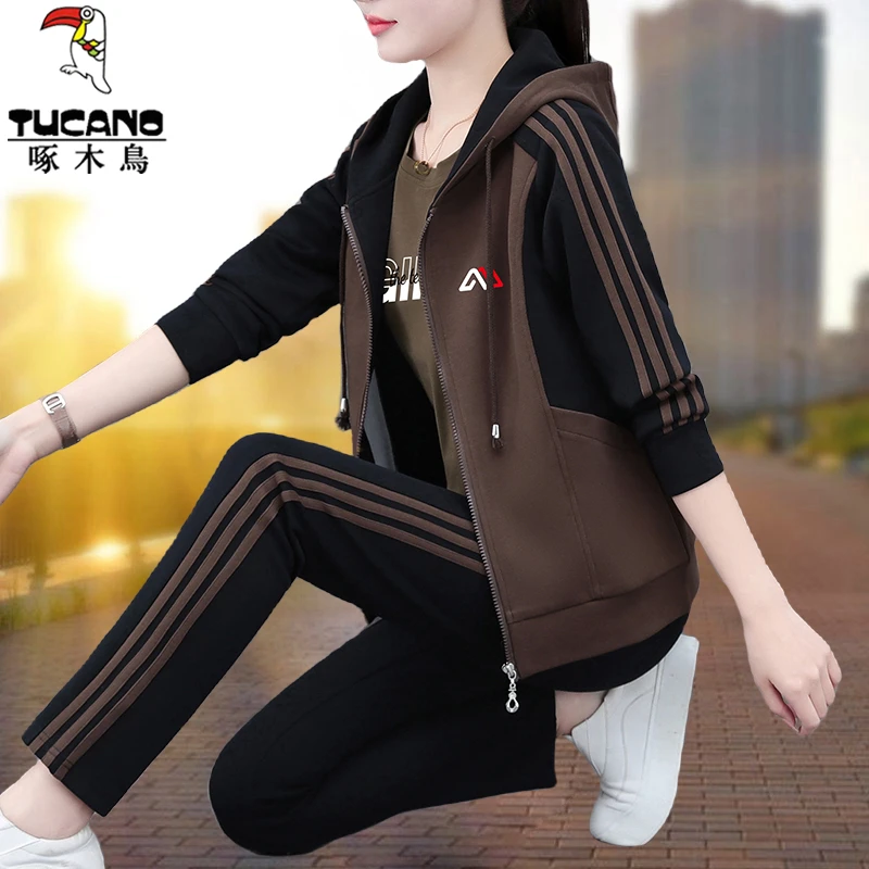 【官方】啄木鸟中年妈妈装2025新款开衫卫衣春秋休闲运动套装两件套