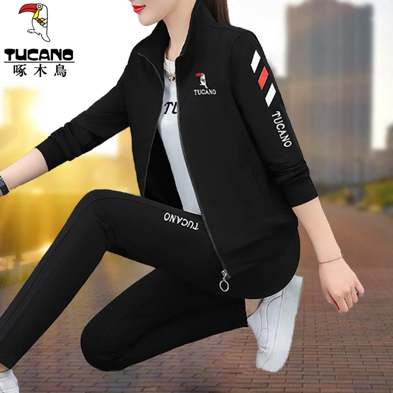 【官方】啄木鸟休闲服运动套装女2025春秋季新款韩版大码跑步三件套