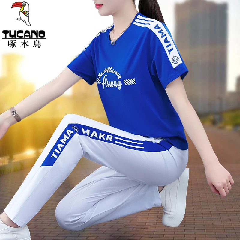 【正品】啄木鸟运动套装女2025新款夏季中年妈妈装广场舞休闲两件套