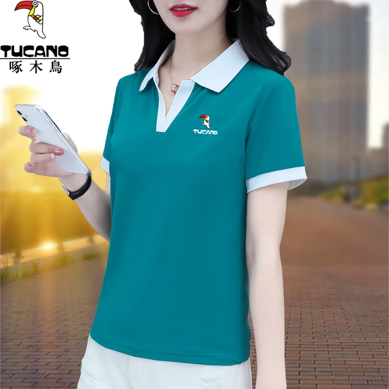 【官方】啄木鸟显瘦短袖polo衫夏季中年妈妈洋气翻领上衣短款t恤女