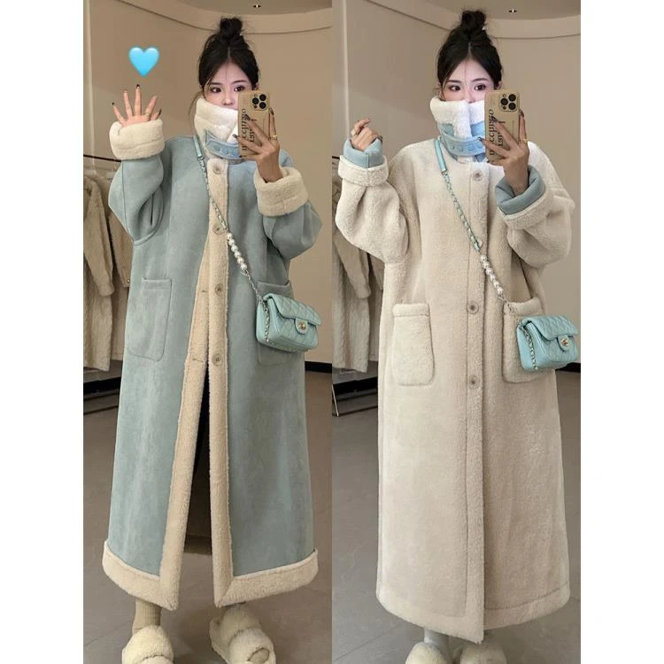 双面穿冬季加厚保暖外套机车服韩版宽松毛毛加绒中长款大衣