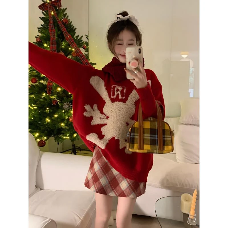 （2件套）秋冬新年兔兔毛衣套装格纹呢子短裙圣诞红色半身裙两件套