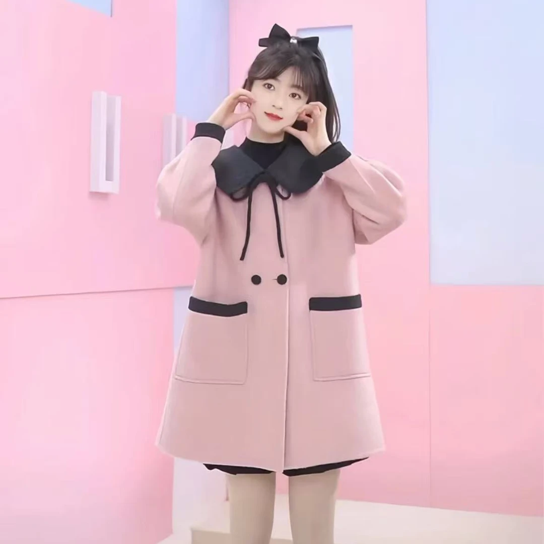 2024新娃娃领款双面呢大衣洋气中长款秋冬