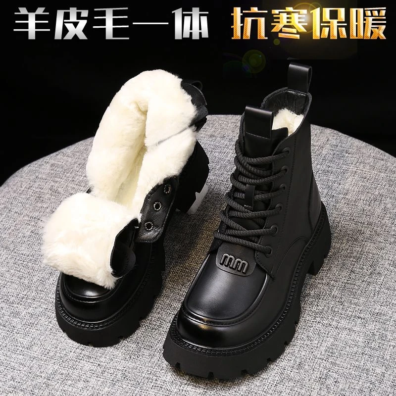 皮毛一体雪地靴羊毛马丁靴女冬加绒加厚底防寒保暖棉鞋羊羔绒棉靴