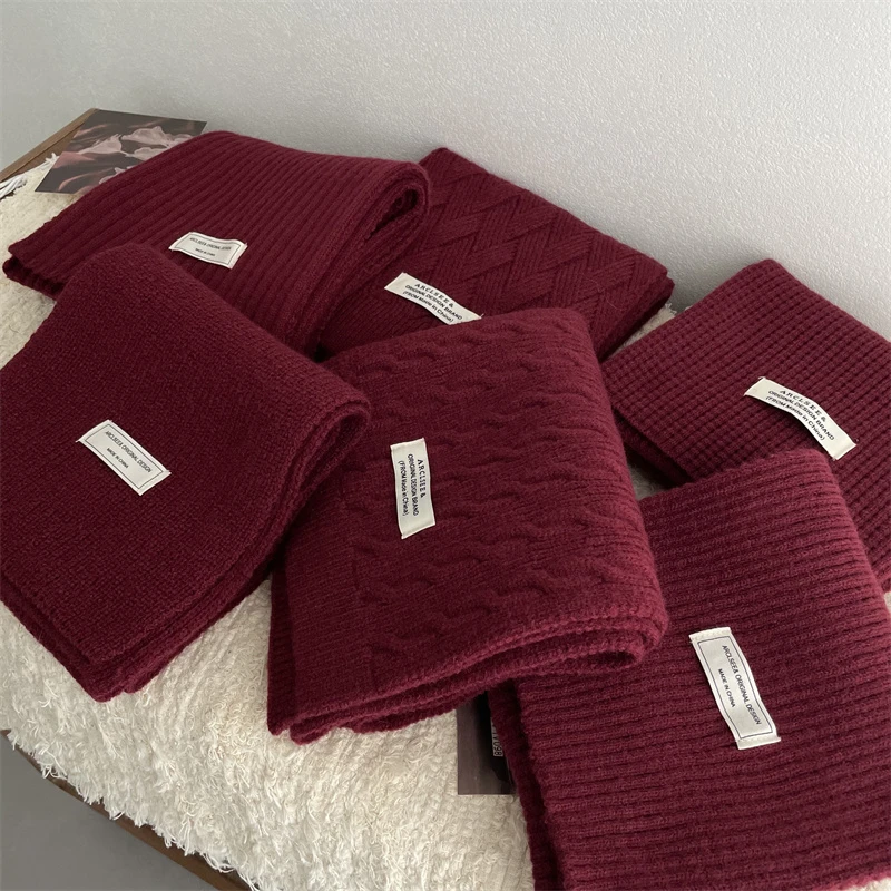 安可拉红色百搭针织围巾女冬季韩版可爱纯色圣诞节学生保暖围脖男