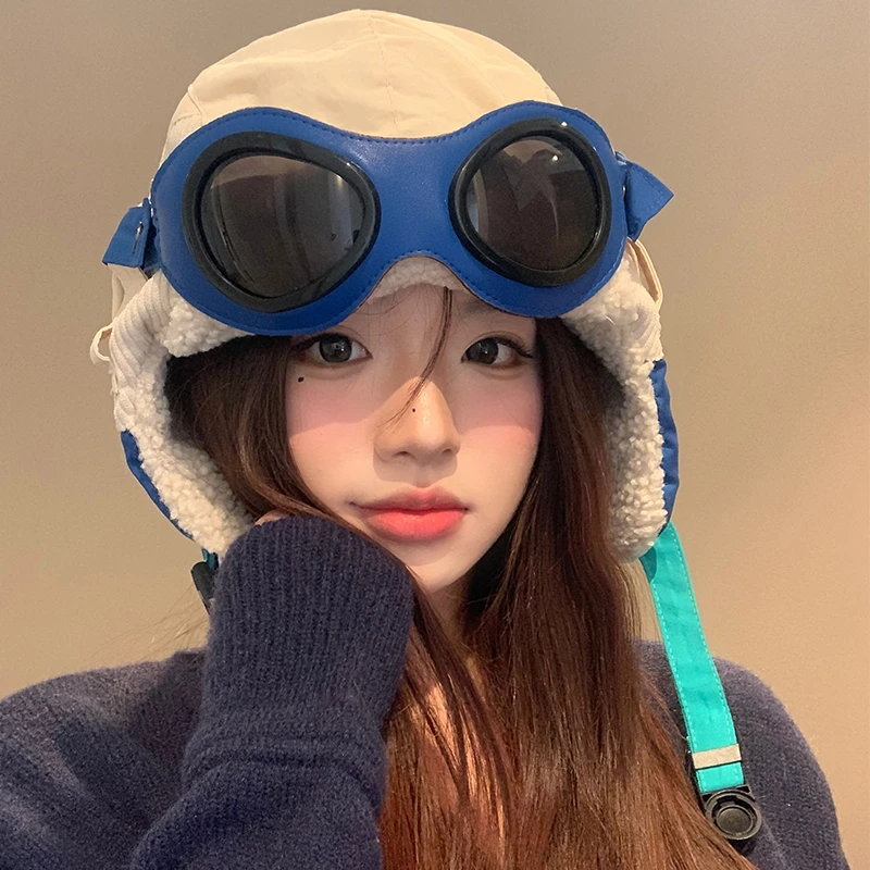 拼接可拆卸眼镜飞行帽女冬季加绒骑行护耳雷锋帽防寒保暖滑雪帽子