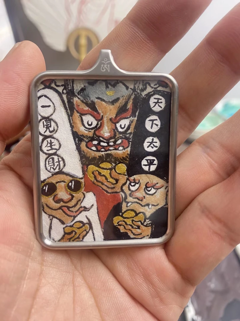 四毛钟馗手机壳夹画，钟馗唐卡无事牌，团扇折扇，桌面摆台，手把件