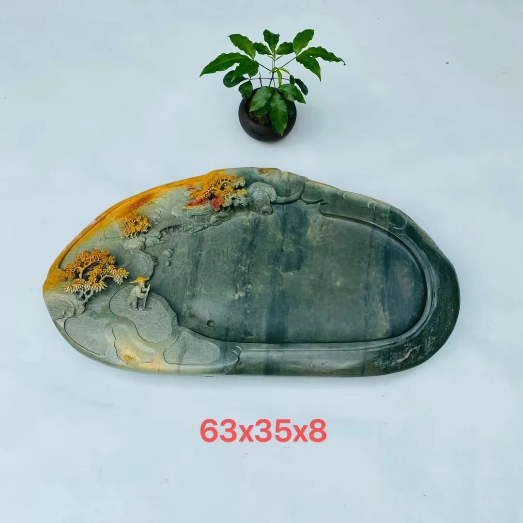 端砚石绿端手工雕刻茶盘
