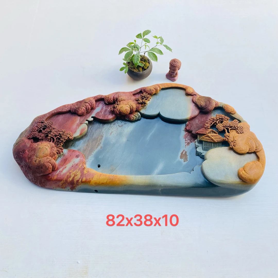 端砚石绿端手工雕刻茶盘，尺寸82x38x10