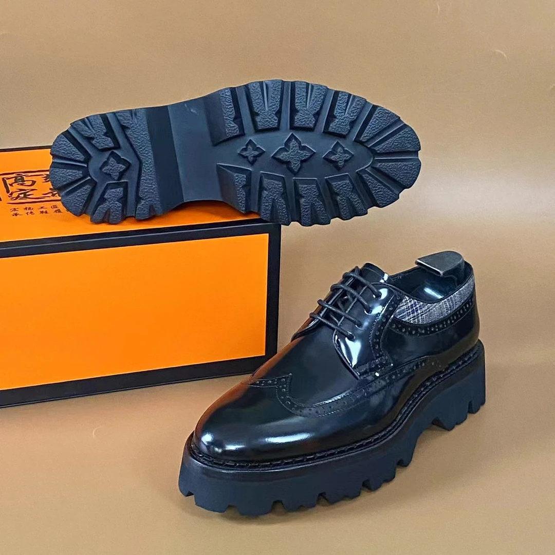 凌翰家高端马皮厚底布洛克男皮鞋休闲商务正装英伦风德比男鞋