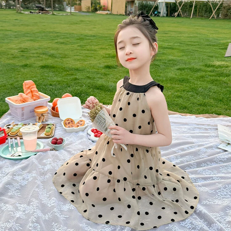女童2024新款无袖露背连衣裙夏季洋气儿童吊带波点公主裙时髦夏装