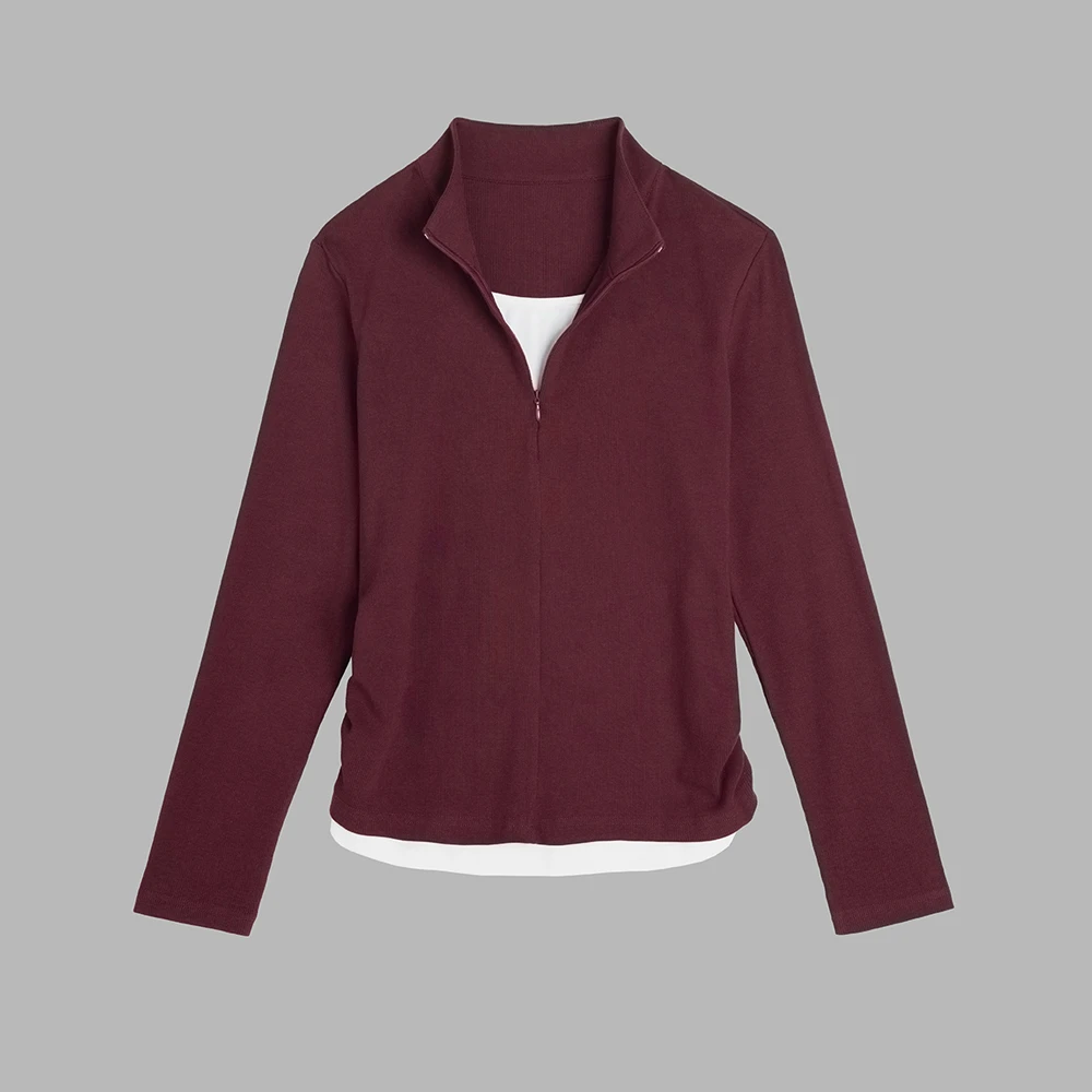 雅亚定制[时髦达人]春季立领假两件抽皱撞色修身针织衫显瘦长袖